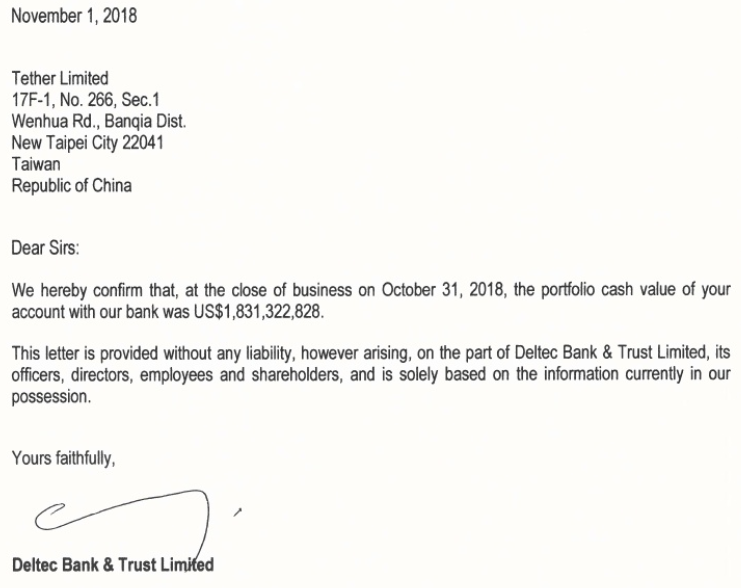 Глава багамского Deltec Bank заявил об аутентичности письма, подтверждающего платежеспособность Tether Ltd